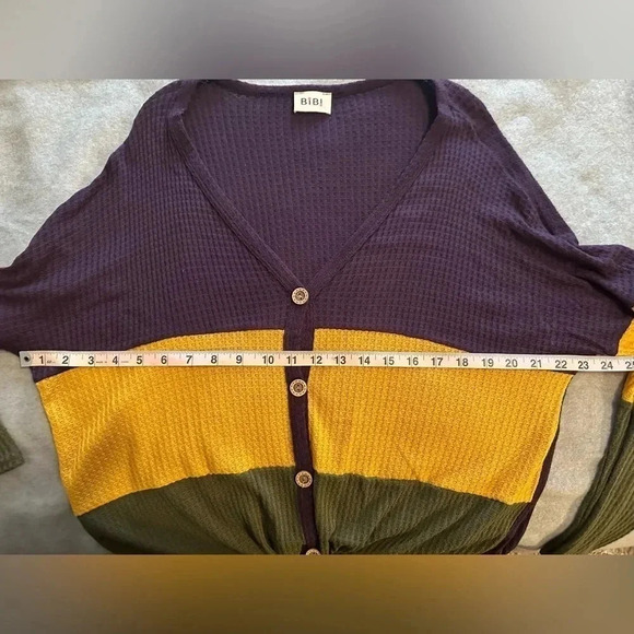Bibi waffle purple gold olive long sleeve tie front top size M - Picture 5 of 6